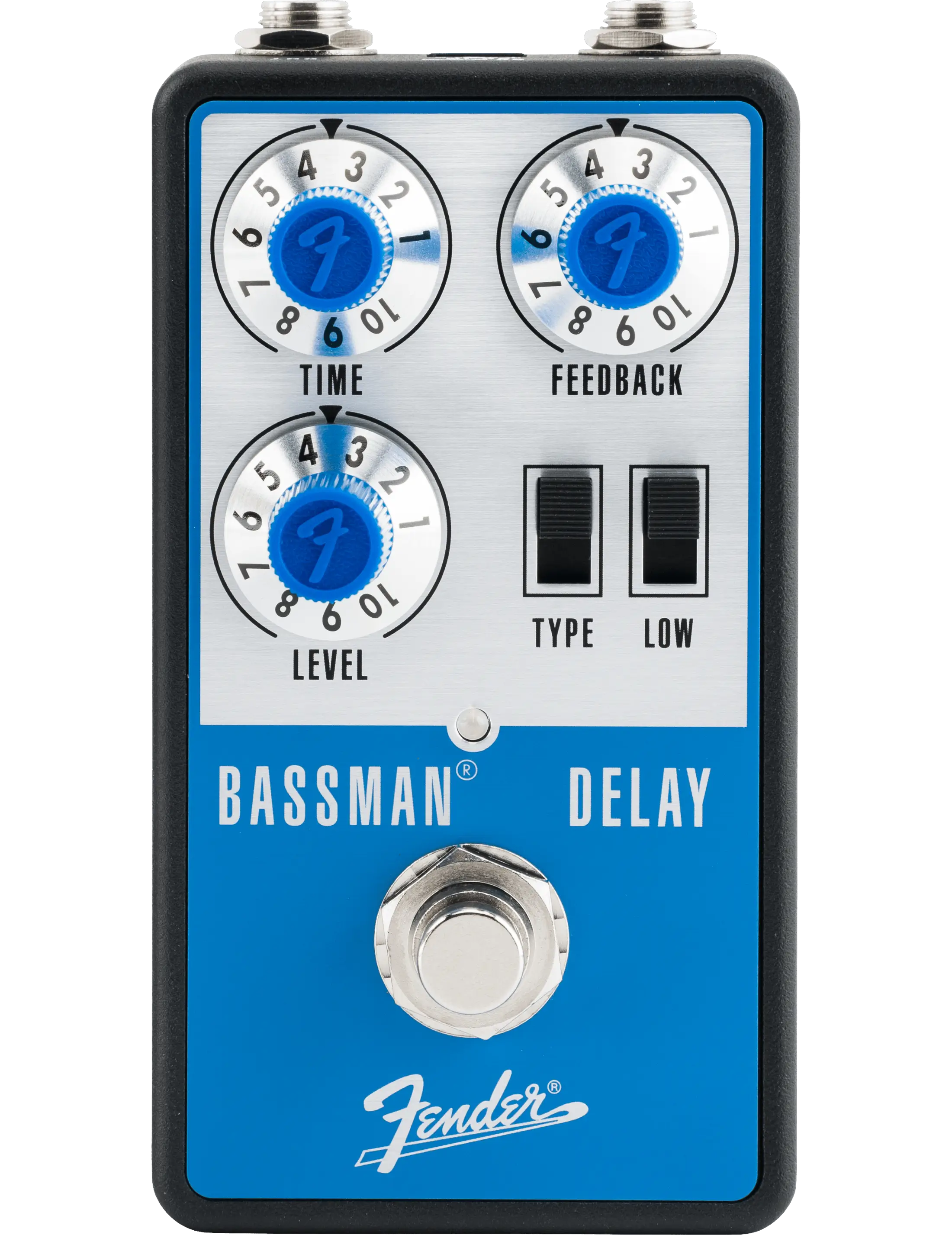 Front view of Fender Bassman Delay pedal with knobs and switches