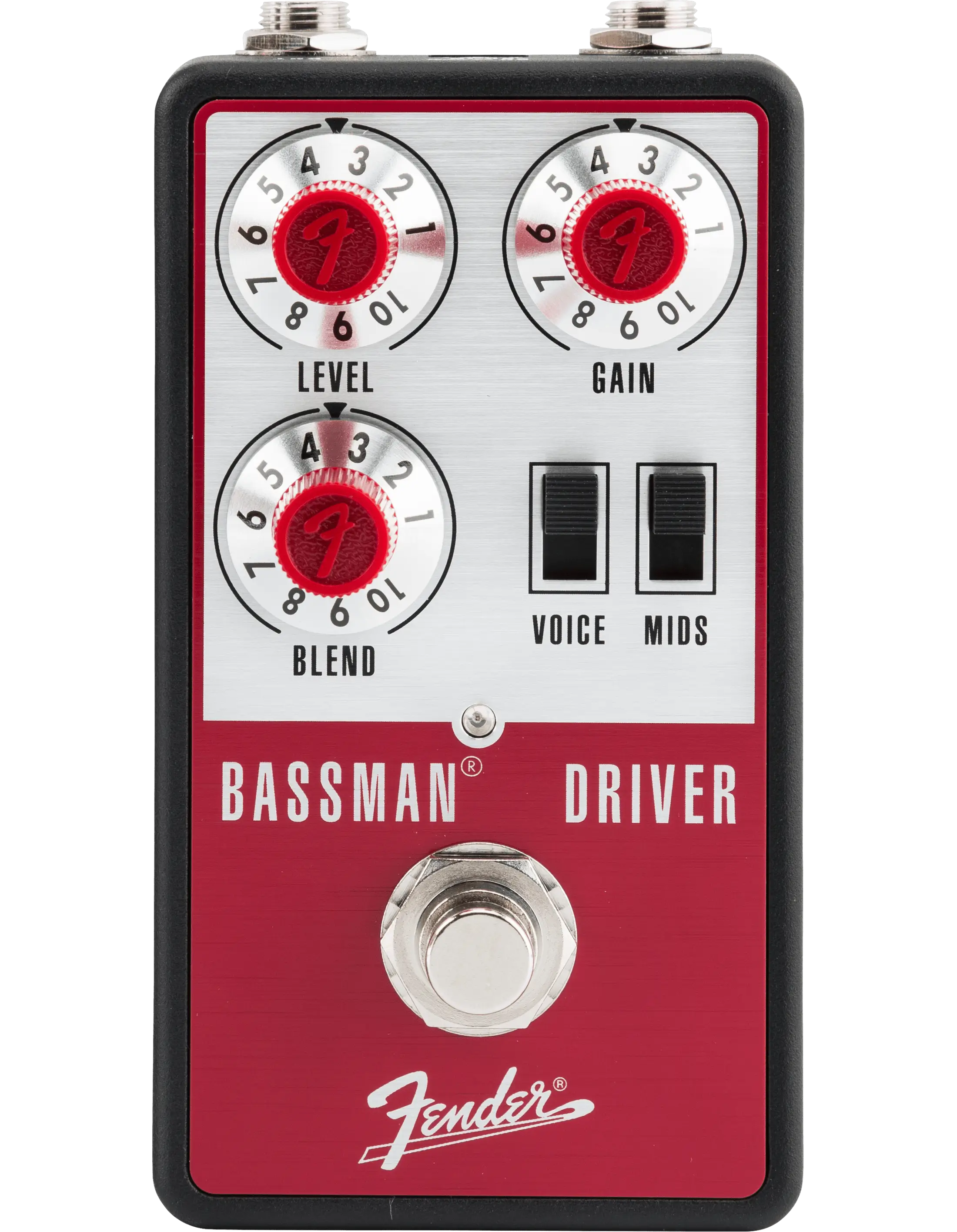 Front view of Fender Bassman Driver overdrive pedal with red finish and control knobs