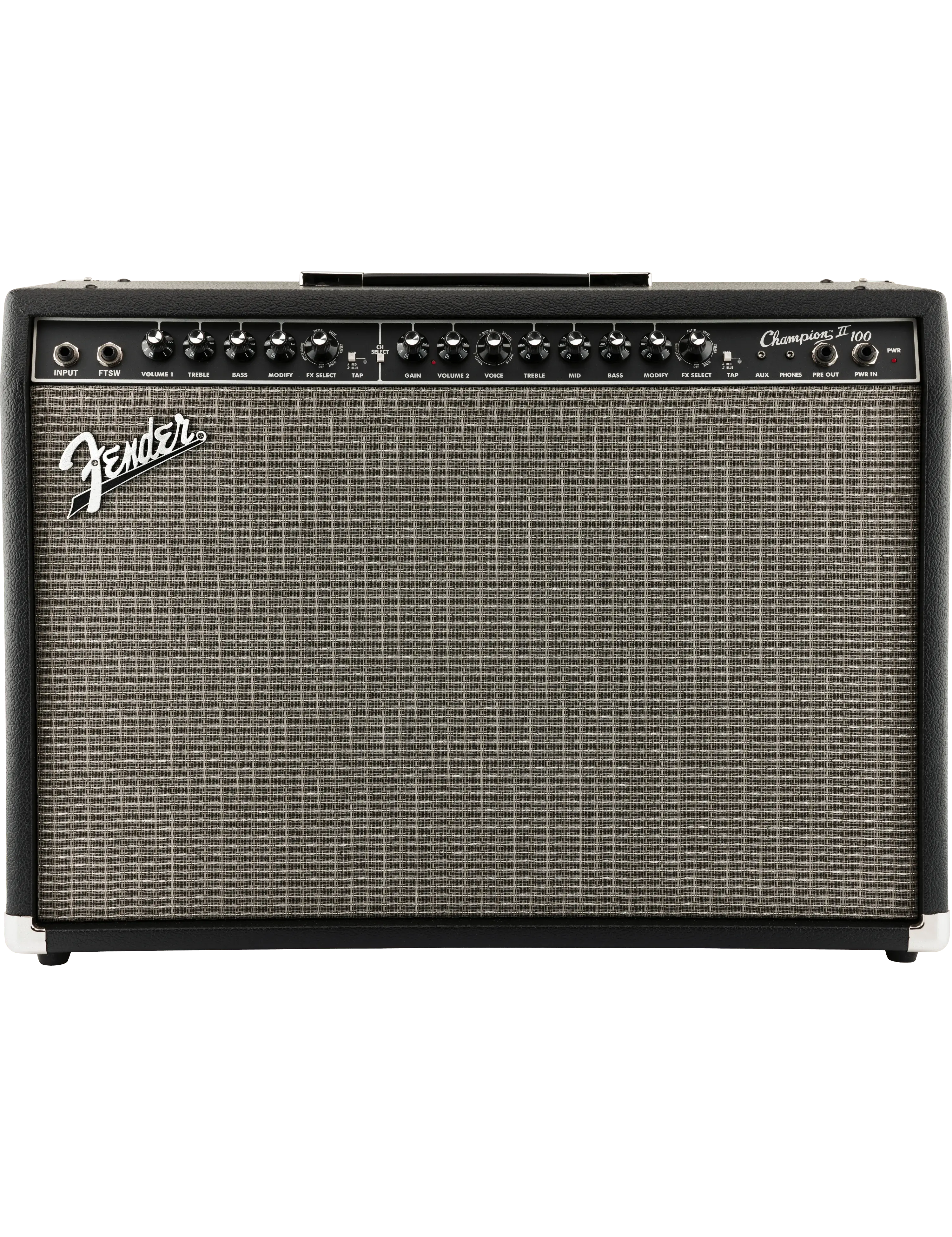 Fender Champion II 100 guitar amplifier front view with dual 12" speakers and built-in effects