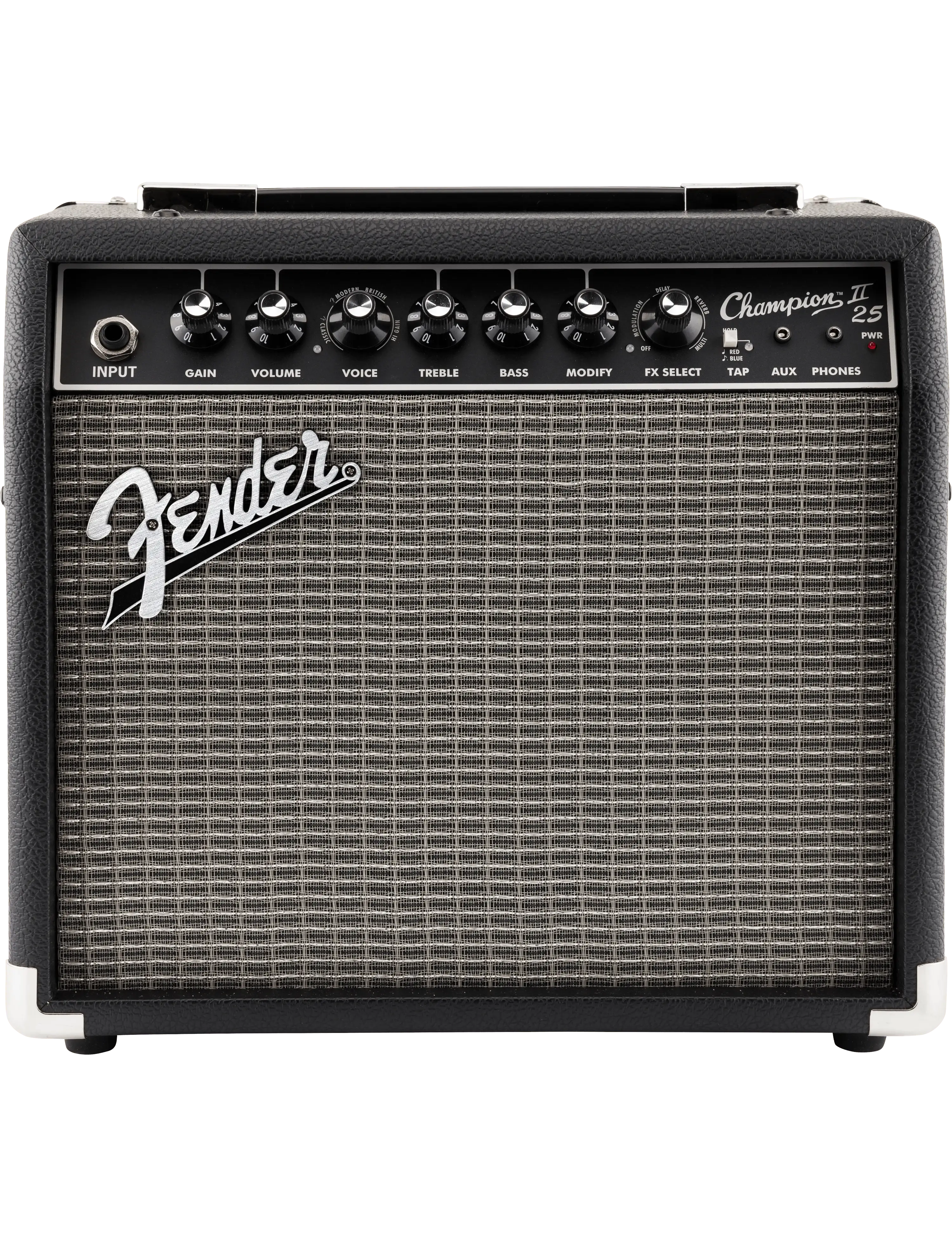 Fender Champion II 25 guitar amplifier with 8" speaker and single channel, front view