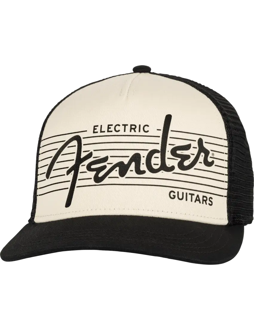 Fender Electric Guitars Hat with black mesh back and retro-style logo on washed twill front