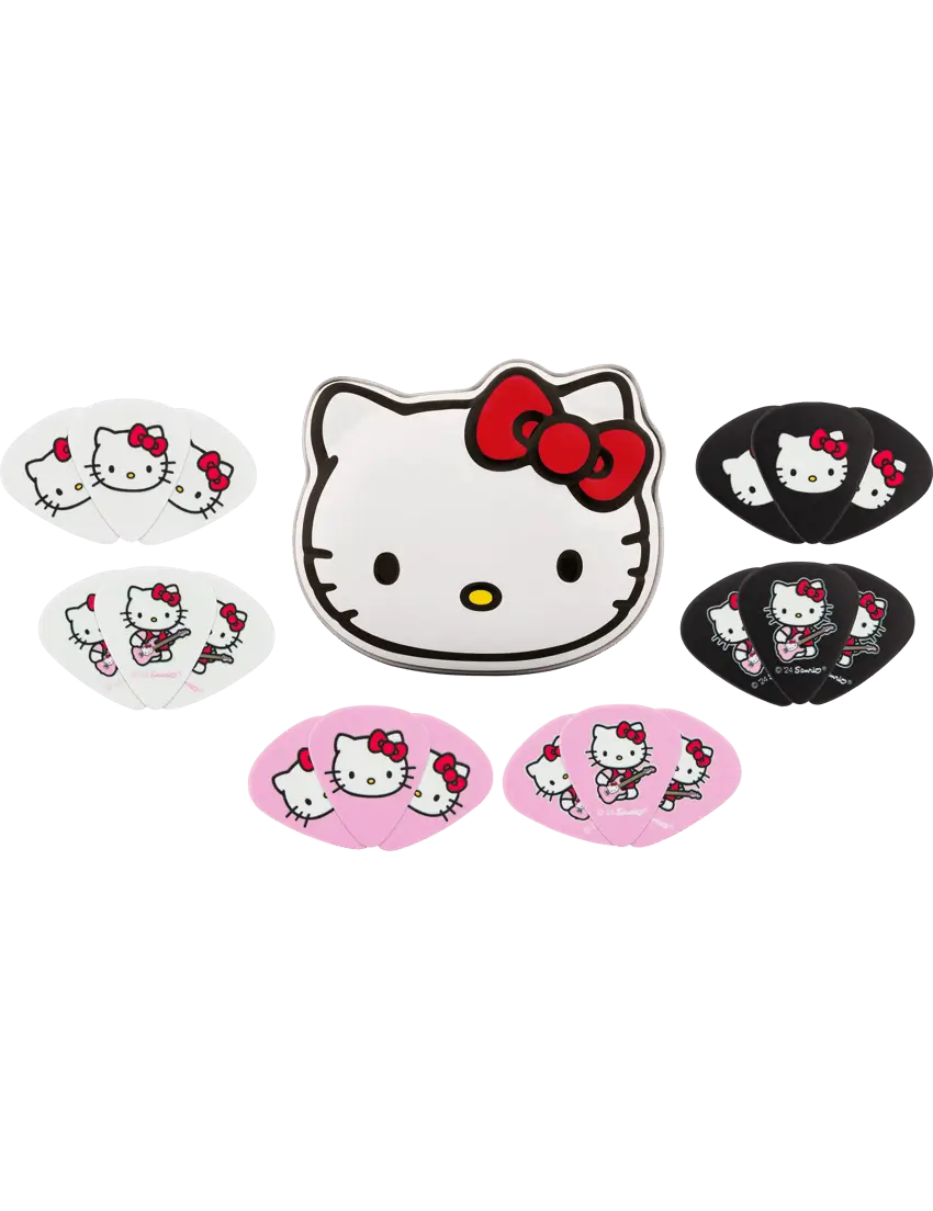 Fender x Hello Kitty pick tin with 18 colorful celluloid guitar picks featuring Hello Kitty artwork