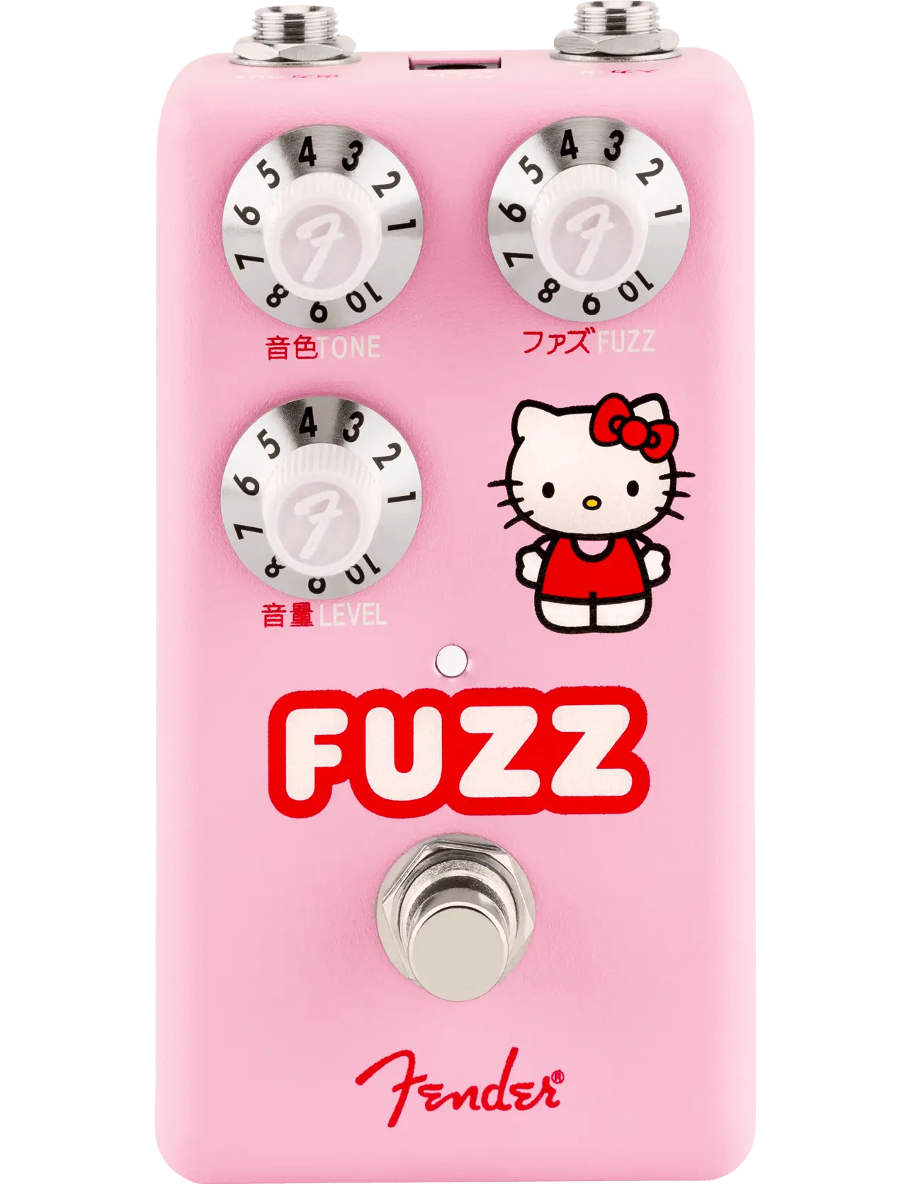 Fender Hello Kitty Pink Fuzz Pedal with aluminum housing, Hello Kitty graphics, and Japanese-labeled controls