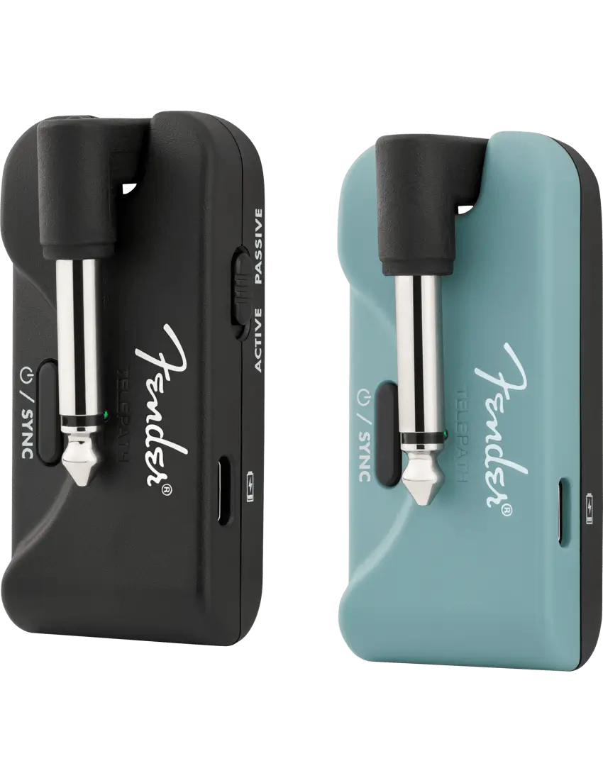 Front view of Fender Telepath Wireless System showing black and teal transmitters side by side
