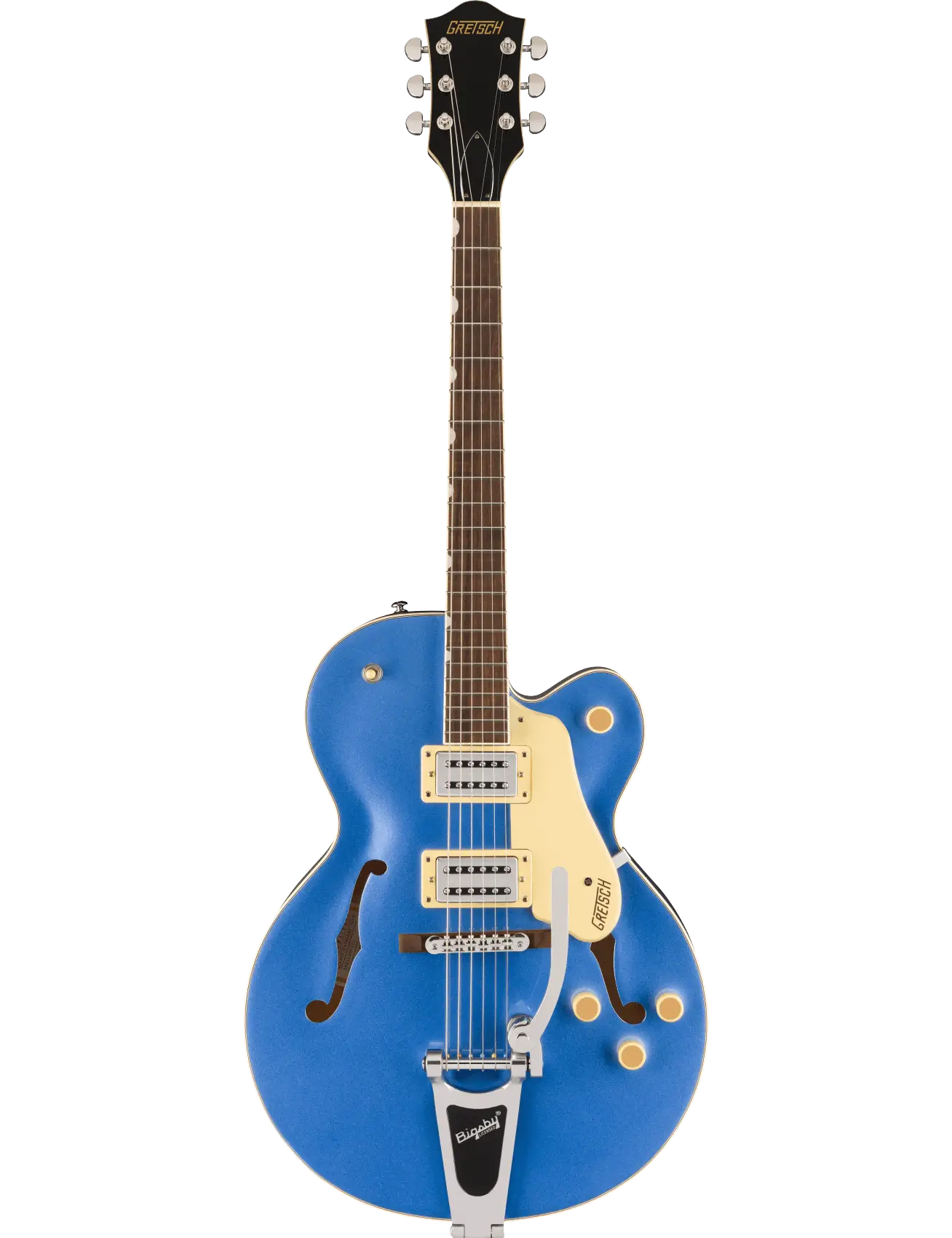 Gretsch G2420T Streamliner in Fairlane Blue with Bigsby tailpiece and Broad’Tron humbuckers, front view