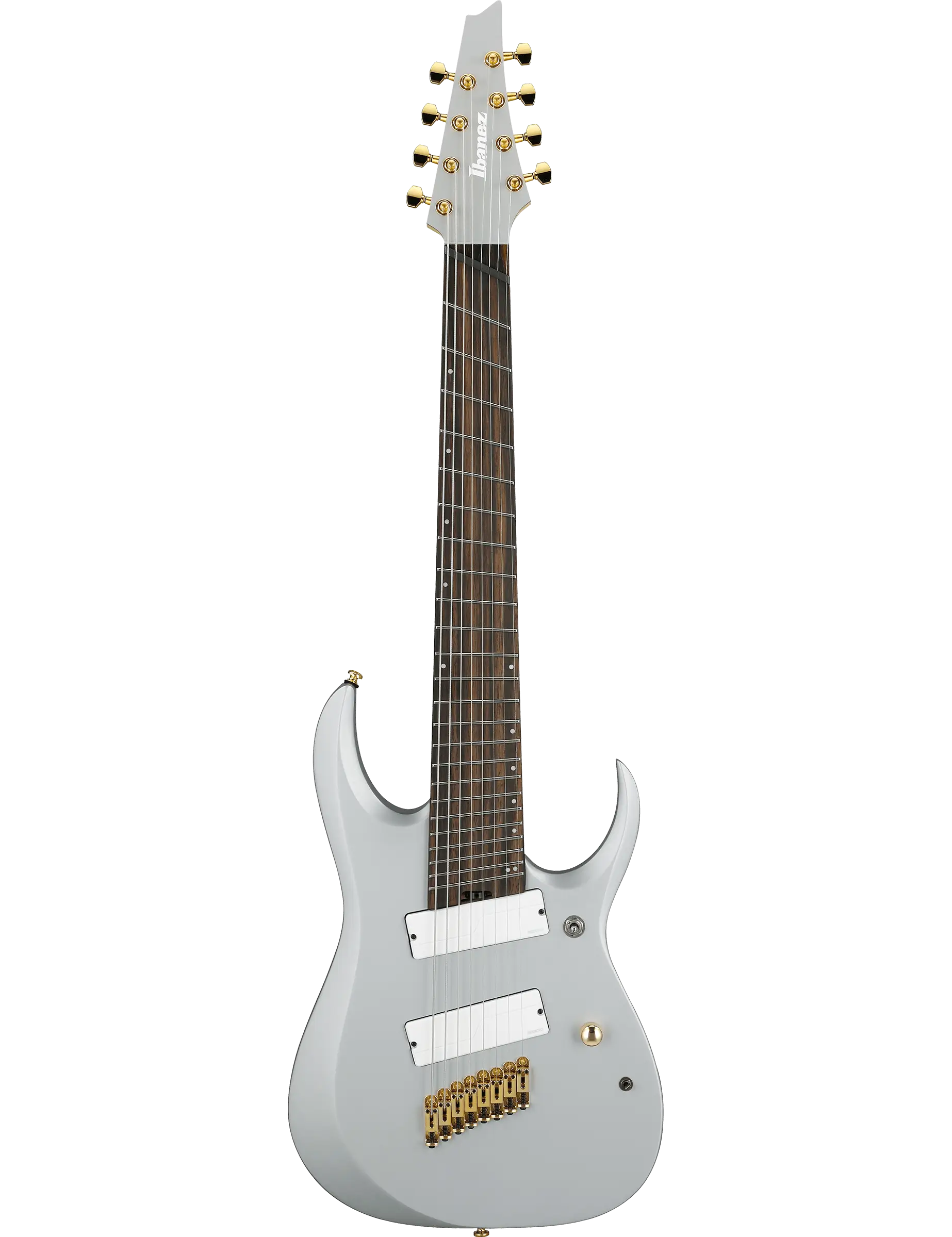Ibanez RGDMS8 8-string multiscale electric guitar in Classic Silver Matte finish.