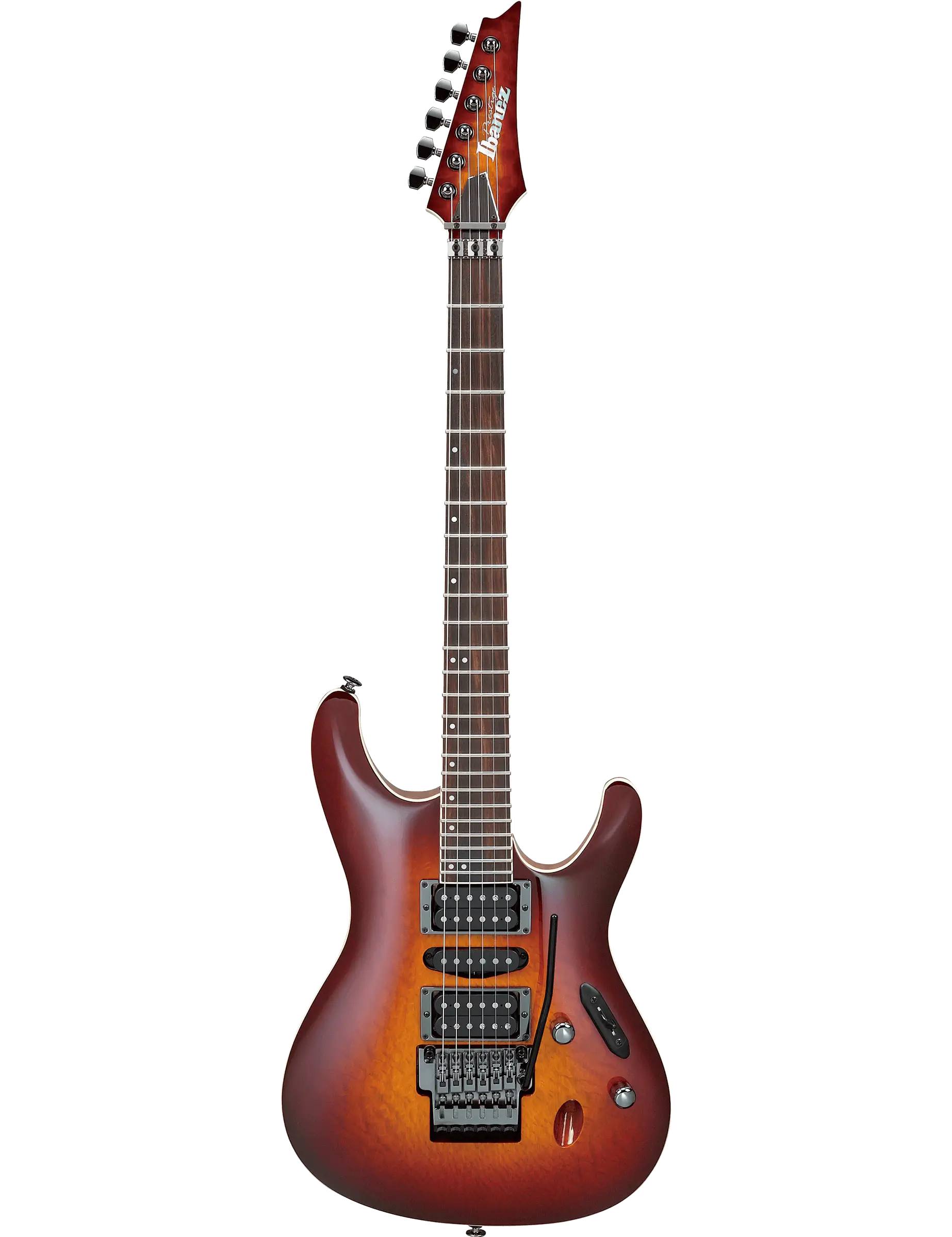 Ibanez S6570SK Prestige electric guitar in Sunset Burst finish with a silky oak top and DiMarzio pickups.
