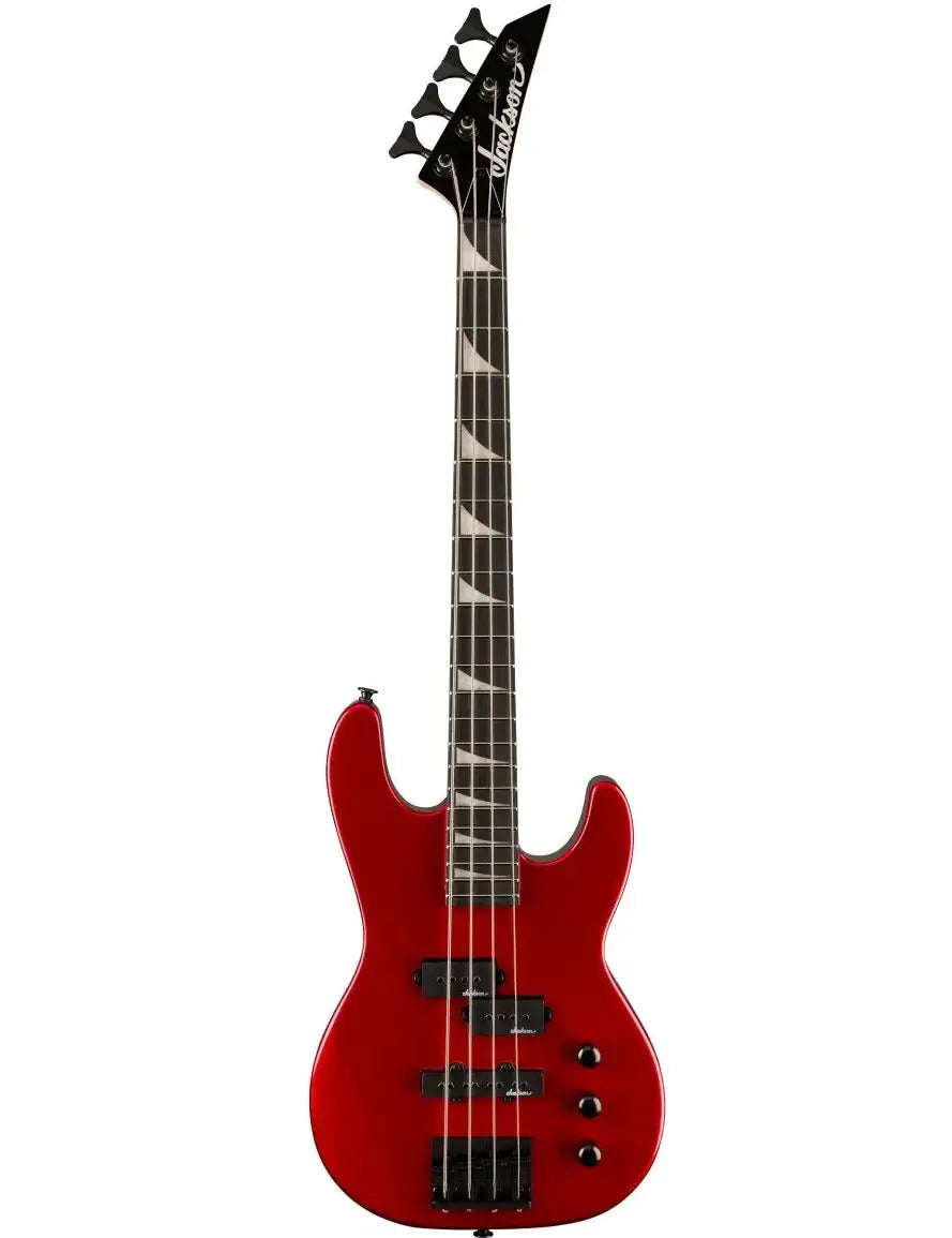 J pickups and short-scale 4-string design, front view