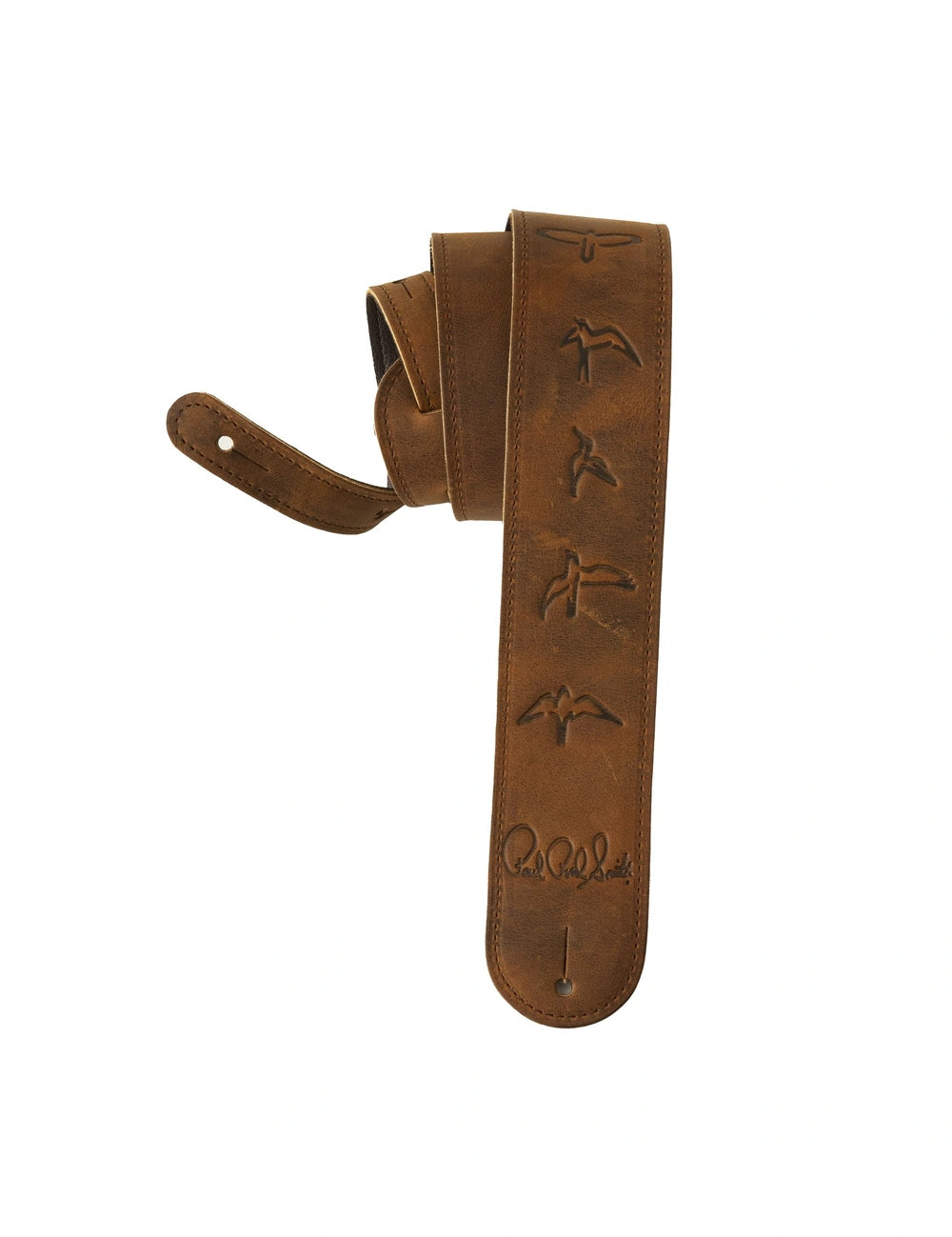 PRS Distressed Brown Leather Birds Strap front view